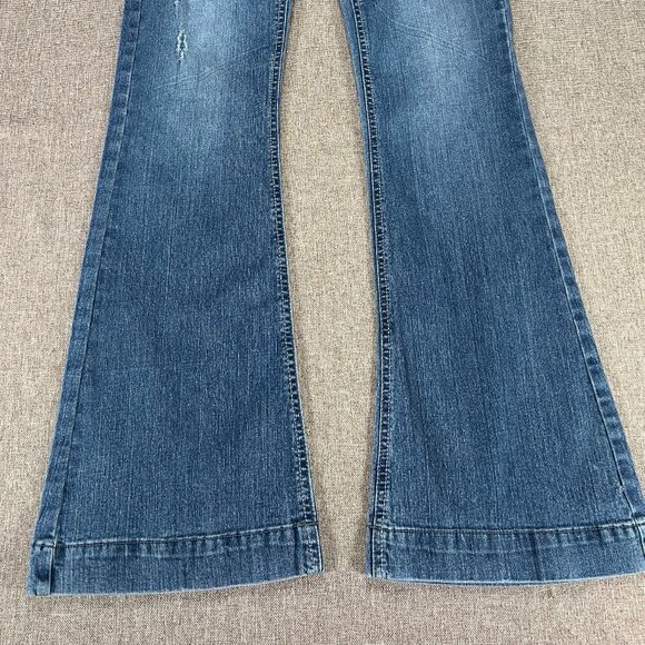 Vintage SO Bell Bottom Denim Jeans Women's 5 Blue Distressed Hippie Boho VTG - Picture 8 of 15